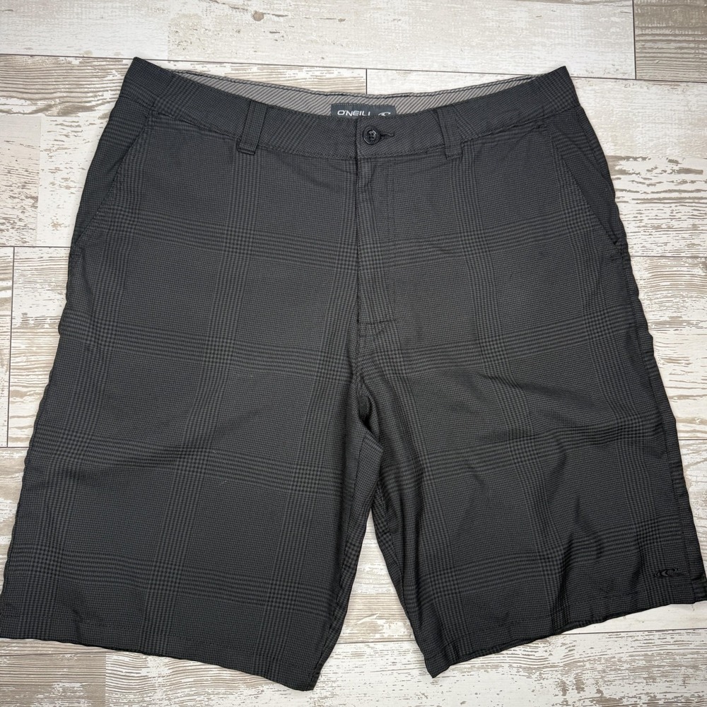 O'Neill Chino Shorts Mens 36 Gray Plaid 10 Inseam Lightweight Microfiber Casual